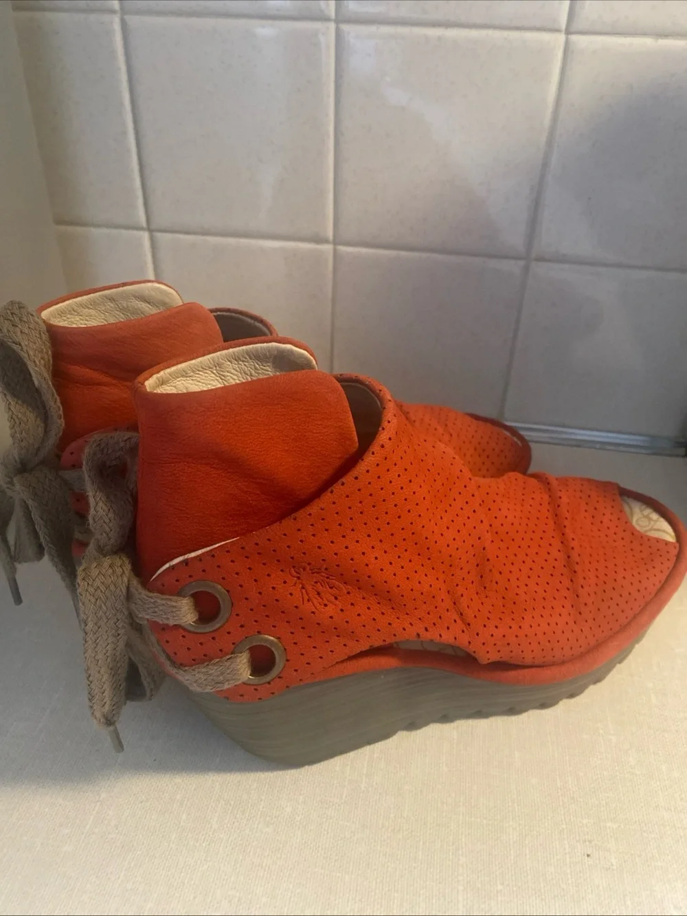 Fly London Lace Up Open Toe Wedge Sandals Red Suede Womens 37 US 6 6.5